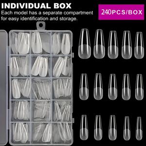 TEMU 240개 소프트 젤 네일 팁 - 코핀형 반매트 & 광택 아크릴 인조 손톱, 15가지 사이즈 긴 프레스온 네일, 홈 DIY 매니큐어용 보관함 및 정리 트레이 포함