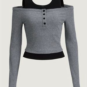 TEMU 컬러 블록 콜드 숄더 티셔츠, 캐주얼 버튼 롱슬리브 탑, 봄용 여성 의류