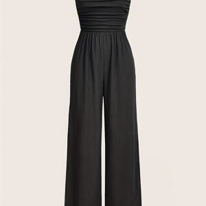 TEMU 단색 컬러 셔링 튜브 점프수트, 봄 & 여름용 캐주얼 스트랩리스 와이드 레그 점프수트, 여성 의류