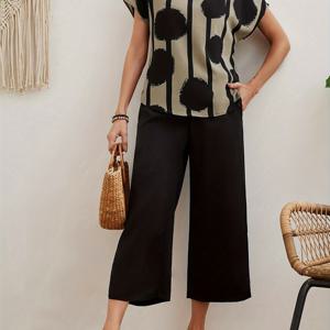 TEMU 우아한 투피스 세트, 기하학적 프린트 배트윙 슬리브 블라우스 & 경사 포켓 와이드 레그 크롭 팬츠 아웃핏, 여성 의류