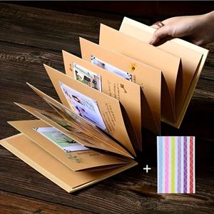 TEMU 빈티지 크래프트 종이 아코디언 스크랩북 앨범 - 18개 접이식 34면 DIY 메모리 북 리본 포함, 결혼식, 기념일, 발렌타인데이, 크리스마스 & 새해 선물에 완벽, 소중한 추억을 위한 수제 기념품, DIY 스크랩북 앨범 | 빈티지 스타일 앨범 | 크래프트 종이 커버|북커버