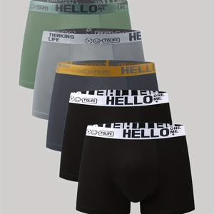 TEMU 남성용 퀵드라이 복서 브리프 5pcs - 하이 스트레치 통기성 속옷, 'Hello' 프린트, 복부 컨트롤 & 로우라이즈 핏 - 편안한 운동 & 캐주얼 브리프 (멀티팩 할인) - 솔리드 컬러 수영/스포츠 쇼츠 대체