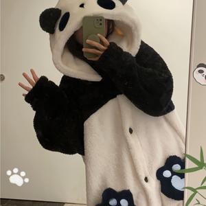 TEMU 여성용 겨울 플러시 후드 파자마 드레스 - 포근한 풀 지퍼 잠옷 가운, 판다 베어 후드, 두꺼운 나이트가운, s 사이즈, 손세탁 가능한 라운지웨어 (건조기 금지) - 귀여운 동물 원피스