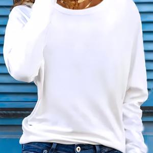 TEMU 여성용 캐주얼 크루넥 긴팔 티셔츠, 95% 폴리에스테르 5% 스판덱스 니트 소재, 단색, 약간의 스트레치, 올 시즌 블라우스 - 180g/m²