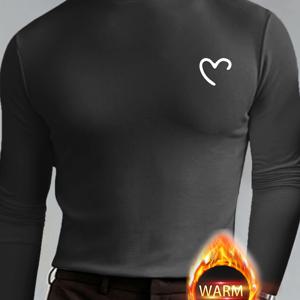 TEMU 엘류리스틱 남성용 하이넥 긴팔 티셔츠 - 슬림핏 스트레치 운동복, 하트 & WARM 레터 프린트, 다크 그레이/블랙, 야외 스포츠 및 캐주얼 겨울웨어, 세탁기 사용 가능 레이어링 필수 아이템