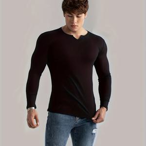 TEMU 남성 슬림핏 스트레치 V넥 긴팔 티셔츠 - 솔리드 컬러 리브 디테일, 가을/겨울 캐주얼 & 애슬레틱 탑, 손세탁/드라이클리닝, 데일리 웨어, 슬림 핏, 내구성 있는 소재, 젊은 전문가를 위한 겨울 의류, 모던 스타일, 부드러운 질감, 액티브 라이프스타일