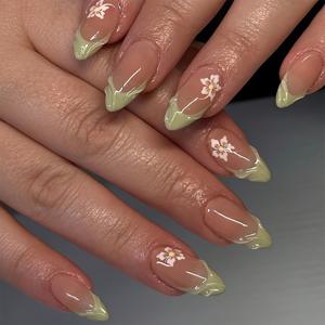 TEMU 24개 롱 아몬드형 3D 엠보싱 핸드프린트 프렌치 로맨틱 플로럴 개성 네일 팁 세트