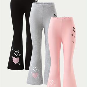 TEMU 3개 세트 여아용 블랙, 그레이 & 핑크 하트 디자인 스트레치 플레어 팬츠, 부드러운 탄력 있는 허리밴드 - 봄/여름/가을 캐주얼 착용에 완벽, 야외 발렌타인데이 선물 어린이 옷으로 적합