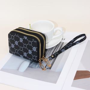 TEMU 패션 하트 프린트 더블 지퍼 지갑, 다중 카드 슬롯, 대용량, 인조 가죽, 캐주얼 스타일, 손목 끈, 슬립 포켓, 폴리에스테르 안감, 블랙, 베이지, 다크 브라운