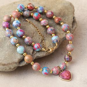 TEMU 스타일 천연석 하트 펜던트 목걸이 - 핑크 & 퍼플 마블 비즈 골드톤 액센트, 여성을 위한 특별한 선물, 사계절 착용 가능한 일상 주얼리