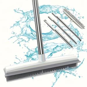TEMU 2-in-1 애완동물 털 제거 고무 빗자루 - 카펫, 단단한 목재, 타일에서 고양이/개 털을 쉽게 제거 | 스테인리스 스틸, 화이트 | 보트 데크, 대리석, 목재 바닥에 이상적 | 비전기 청소 도구, 수동 청소 | 인체공학적 손잡이 | 고무 가장자리 빗자루, 애완동물 털 제거 빗자루