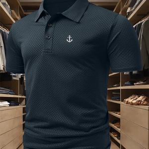 TEMU 남성 앵커 프린트 폴로 셔츠 - 통기성 및 편안함, 여름 필수품, 스타일리시한 다용도 헨리 디자인, 목걸이 포함, 캐주얼 아웃팅 및 주말 여행에 완벽