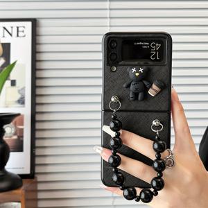 TEMU 삼성 갤럭시 Z 플립 3, 4, 5, 및 6과 호환되는 손목 스트랩이 있는 간단한 커피 베어 스티커 접이식 폰 케이스