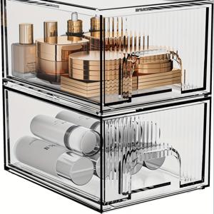 TEMU 2pcs 투명 스택 가능한 아크릴 서랍 - 화장품, 주방, 냉장고 및 가정 조직을 위한 가벼운, 향이 없는 플라스틱 보관 상자, 가정 조직 | 세련된 보관 솔루션 | 내구성이 뛰어난 플라스틱 상자, 보관 서랍