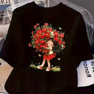 TEMU 여성용 Y2K 여름 캐주얼 루즈핏 롱라인 반팔 탑 귀여운 만화 꽃 프린트와 나비 & 플로랄 어플리케 디테일 - 일본식 한국 스트리트웨어 스타일, 장난기 가득한 스트리트웨어 | Y2K 패션 | 풀오버 탑