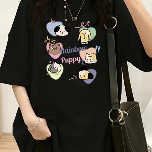 TEMU 플러스 사이즈 여성용 반팔 티셔츠 - 일본식 한국 스타일 루즈핏 라운드넥 귀여운 강아지 & 무지개 그래픽 프린트 캐주얼 탑, 봄 여름 가을용, 세탁기 사용 가능한 편안한 캐주얼 의상, 레이디스 티셔츠