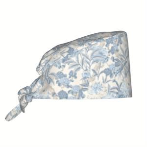 TEMU 1pc 여성용 꽃무늬 프린트 작업 모자 - 경량 조절 가능한 타이백 간호사 모자, 꽃가게 및 애완동물 병원용 먼지 방지 주방 모자, 편안한 폴리에스터 블렌드와 세련된 파란색과 흰색 꽃 디자인, 조절 가능한 헤드기어 | 꽃무늬 프린트 모자 | 경량 모자