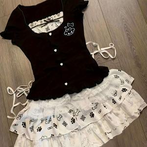 TEMU Y2K 일본 패치워크 반팔 상의 케이크 스커트 티셔츠 여름 로리타 스타일 세트, 4가지 버튼 디자인