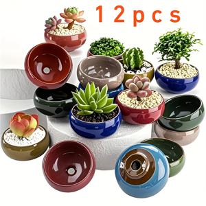 TEMU 8가지 색상 12개의 미니 세라믹 수크뱅트 플랜트 포트, 배수 구멍이 있는 크랙 글레이 세라믹 수제 플랜트 컨테이너, 가족과 친구를 위한 최고의 휴일 사무실 데스크 장식