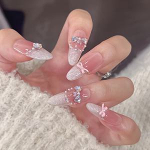 TEMU 10개 세트의 긴 오발 핑크 & 화이트 그라데이션 프랑스 매니큐어 세트 - 반짝이는 리본 & 체인 디자인 - 여성용 분리 가능한 인공 손톱, 여름을 위한 완벽한 선물, 일상적인 손톱 | 우아한 손톱 아트 | 광택 있는 마무리