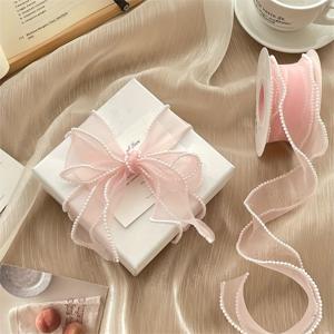 TEMU 우아한 진주 가장자리 새틴 리본 - 빈티지 스타일 소프트 핑크 선물 포장용, 내구성 있는 폴리에스터 크래프트 리본 (크리스마스, 추수감사절, 부활절, 할로윈 & 하누카 선물, 세련된 패키징, 진주 장식, 파티 데코, DIY 장식용)