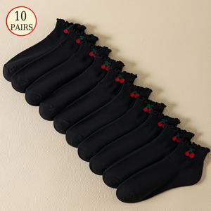 TEMU 10 쌍 여성 로리타 스타일 블랙 짧은 양말, 빨간 체리 및 초록 잎 디자인 - 프릴 커프, 부드러운 소재, 캐주얼 의상에 완벽한, 올 시즌 편안함, 캐주얼 착용 양말 | 재미있는 양말 디자인 | 부드러운 양말, 귀여운 양말