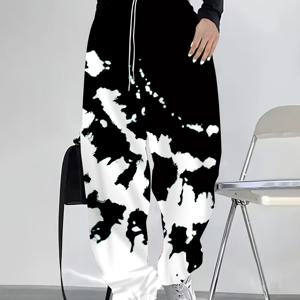 TEMU 여성용 3D 프린트 기하학 추상 아트 조거 팬츠 - 블랙 & 화이트 대담한 패턴, 드로스트링이 있는 신축성 허리밴드, 세탁기 사용 가능한 사계절 캐주얼 라운지 팬츠, 편안한 일상복