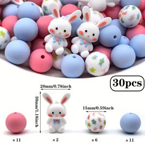 TEMU 30개 실리콘 비즈, 여름 컬러 시리즈, 3D 세차원 작은 흰색 토끼, 꽃 혼합 대량 스페이서 비즈, 손수작업 DIY 보석 만들기에 적합, 팔찌, 목걸이, 키체인/펜 비즈, 휴대폰 액세서리, 가방 액세서리, 생일 선물, 여성 선물