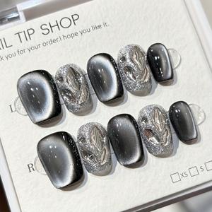 TEMU 10개 세트 프레스온 네일, DIY 오버사이즈 별하늘 캣아이 디자인 블랙, 쉽게 탈부착 가능 & 재사용 가능. 무대 공연, 댄스, 파티 또는 이벤트에 적합. 젤리 글루 1개 및 버퍼 스트립 포함