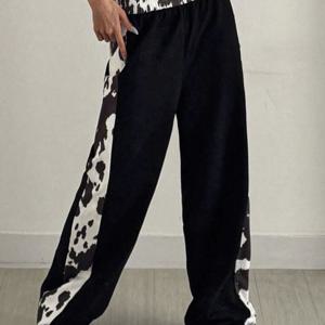 TEMU 여성 캐주얼 소고기 프린트 스웨트팬츠 - 블랙 앤 화이트 디자인, 탄성 허리띠, 스프링 서머 폴 시즌을 위한 레그 핏, 편안하고 스타일리시한 캐주얼 의상, 계절 패션, 스타일리시한 동물 프린트, 편안한 핏