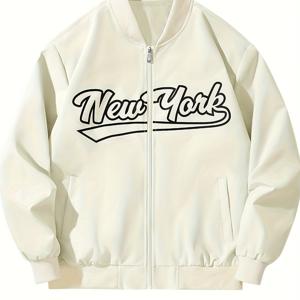 TEMU [기계 세탁 가능 폴리에스터] 남성 그래픽 베이스볼 재킷 - 블랙 스트리트웨어 지퍼업 코트, 리브드 커프스, 기계 세탁 가능 폴리에스터, 캐주얼 봄/가을 아우터