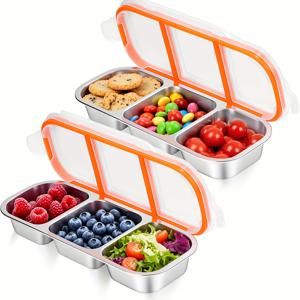 TEMU 2개 세트 스테인리스 스낵 컨테이너 뚜껑 포함, 재사용 가능한 3/2칸 식품 보관 용기 - 피크닉, 도시락, 학교 및 이동식 간식을 위한 이상적인 제품