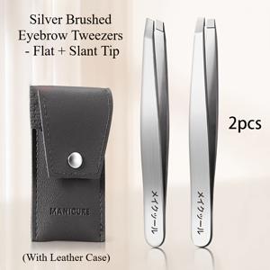 TEMU 2개 고정밀 브러시드 실버/비자성 눈썹 집게, 평평한 팁과 경사된 팁이 있는 눈썹 집게와 가죽 케이스 포함, 전문적인 눈썹 그루밍 키트, 남성용 수염 당김, 여성용 눈썹 트리밍, 할로윈 및 크리스마스 선물