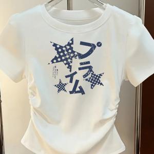 TEMU 여성용 Y2K 스타일 슬림핏 크롭 티셔츠 - 블루 스타 & 일본어 텍스트 그래픽 프린트, 주름 디테일 반팔 탑 봄 여름 가을 캐주얼 웨어