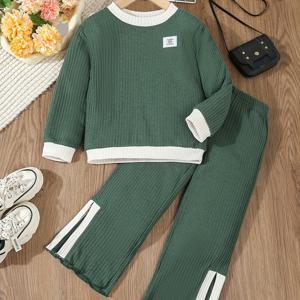 TEMU 여아용 롱팬츠 세트, 라운드넥 기본 긴팔 컬러 블록 티셔츠 상의 & 슬릿 헴 레그 팬츠, 캐주얼 외출에 적합, 야외, 일상 및 캐주얼 복장에 완벽, 여아용 캐주얼 복장, 야외용