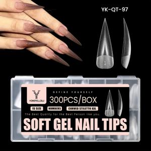 TEMU YOKEFELLOW 300개/박스 곡선 스틸레토 XL 소프트 젤 네일 팁 - 15가지 사이즈, 롱 포인트 모양, 매트 마감, DIY & 살롱 매니큐어용, 투명 아크릴 네일 익스텐션, 자연스러운 룩, 전문 네일 애플리케이션, 세련된 패키징, 고품질 젤