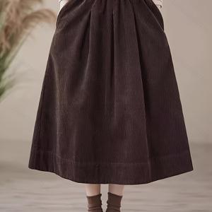 TEMU 여성용 하이웨이스트 A라인 스커트 - 빈티지 스타일 미드-길이 코듀로이 포켓 스커트, 갈색, 가을/겨울에 완벽한 캐주얼부터 정장까지, 캐주얼 웨어 스커트 | 빈티지 A라인 스커트 | 여성용 코듀로이 원단, 여성용 록 스타일 롱 스커트