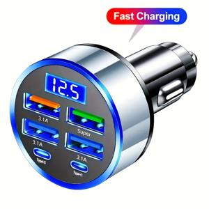 TEMU 1 초고속 휴대폰 충전기 (6-in-1 고속 충전, 전압 감지 & 디지털 디스플레이, USB & Type-C 호환 듀얼 출력 차량용 충전기 어댑터, 차량용 휴대폰 충전기 고속 충전, 차량용 전원 어댑터, 최신형 전원 어댑터)