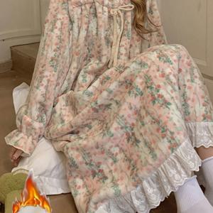 TEMU 여성용 겨울 화이트 파제말라 스타일 (오버드레스 스타일) 잠옷 드레스 - 두꺼운 따뜻한 긴팔 스모크 드레스, 짧은 화이트 파이핑 트림, 버튼 없는 클로저 (지퍼/버튼 없음), 손세탁 가능한 편안한 나이트가운 (속옷 없음)|잠옷|여성원피스|인견원피스