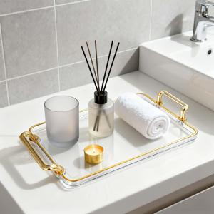 TEMU 투명 욕실 수납 트레이, 화장대 화장품 정리함 - 향수, 양초, 보석 & 비누용 손잡이 달린 가벼운 럭셔리 직사각형 장식 데스크 - 우아한 골드, 욕실 트레이