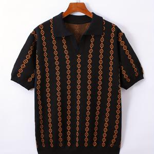 TEMU 남성용 캐주얼 V넥 반팔 니트 스웨터 - 블랙 & 오렌지 기하학 패턴, 세탁기 사용 가능, 레귤러 핏 가을 겨울용, 귀여운 스웨터, 편안한 패션, 미묘한 질감 디자인