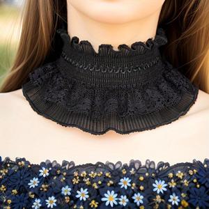 TEMU 블랙 레이스 넥 스카프 & 칼라 - 목라인 커버용 플로랄 러플 랩, 주름 감소, 여성용 우아한 넥 게이터, 다용도 패션 액세서리, 헤드 랩, 트렌디한 스카프, 섬세한 레이스워크