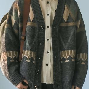 TEMU 정리된 기하학적 패턴 니트 가디건, 80% 아크릴 20% 나일론, V넥 긴팔 루즈핏, 약간의 신축성, 봄/가을 시즌 아우터웨어|가디건