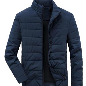 TEMU 남성용 네이비 블루 스탠드 칼라 재킷 - 폴리에스터 안감 풀지퍼 보온 코트, 레귤러 핏 캐주얼 & 포멀 아우터웨어, 손세탁 가능 다목적 겨울코트, 디자인, 내구성 있는 소재, 사무실복