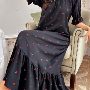 TEMU 시즈 여성용 우아한 체리 프린트 리본 장식 슬립 드레스 - 블랙 & 레드 코트 스타일 나이트가운, 세탁기 사용 가능한 사계절 라운지 드레스, 비침 방지 원단