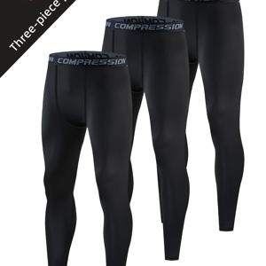 TEMU 3개 남성용 고탄력 압박 레깅스 - 통기성, 신축성 스포츠 타이츠, 러닝, 요가 & 농구 트레이닝용, 단색 블랙