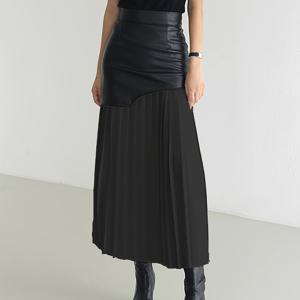 TEMU 여성용 우아한 비대칭 주름 미디 스커트 - 하이웨이스트, 투톤 블랙 & 화이트, 폴리에스터 쉬폰, 세탁기 사용 가능, 가을/겨울 패션에 완벽