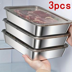 TEMU 3개 스테인리스 스틸 식품 보관 용기, 누출 방지, BPA 프리, 재사용 가능, 쉽게 세척 가능, 쌓을 수 있음, 전기 없이 사용 가능, 식품 접촉에 사용할 수 있는 재질로 만들어짐, 냉장고, 냉동고 및 식료품 저장실용 주방 정리함 포함|냉장고|냉동고|수납정리함