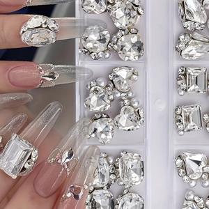 TEMU 반짝이는 클리어 네일 아트 라인스톤 세트 - DIY 매니큐어 장식용 플랫백 합성 보석 24개, 8-11mm, 하트 및 사각형 모양, 6칸