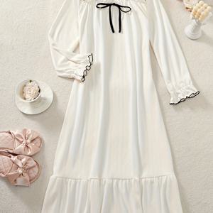 TEMU 여성용 플러스 사이즈 니트 긴팔 나이트가운 - 캐주얼, 스퀘어 넥, 단색, 풀오버 스타일, 올시즌 착용, 성인, 나이트웨어|캐주얼 스타일|러플 디테일